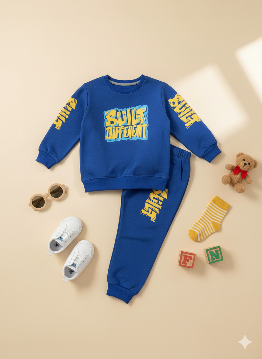 Kids “Built Different” Royal Blue Fleece Tracksuit – Warm & Stylish Winter Wear