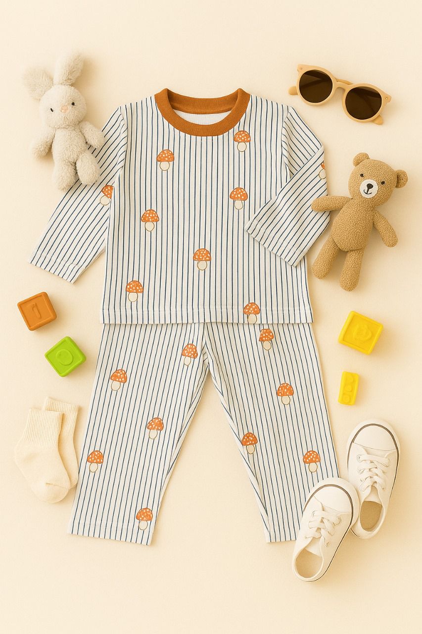 Stylish Kids Striped Mushroom Nightwear – Premium Cotton Sleep Set